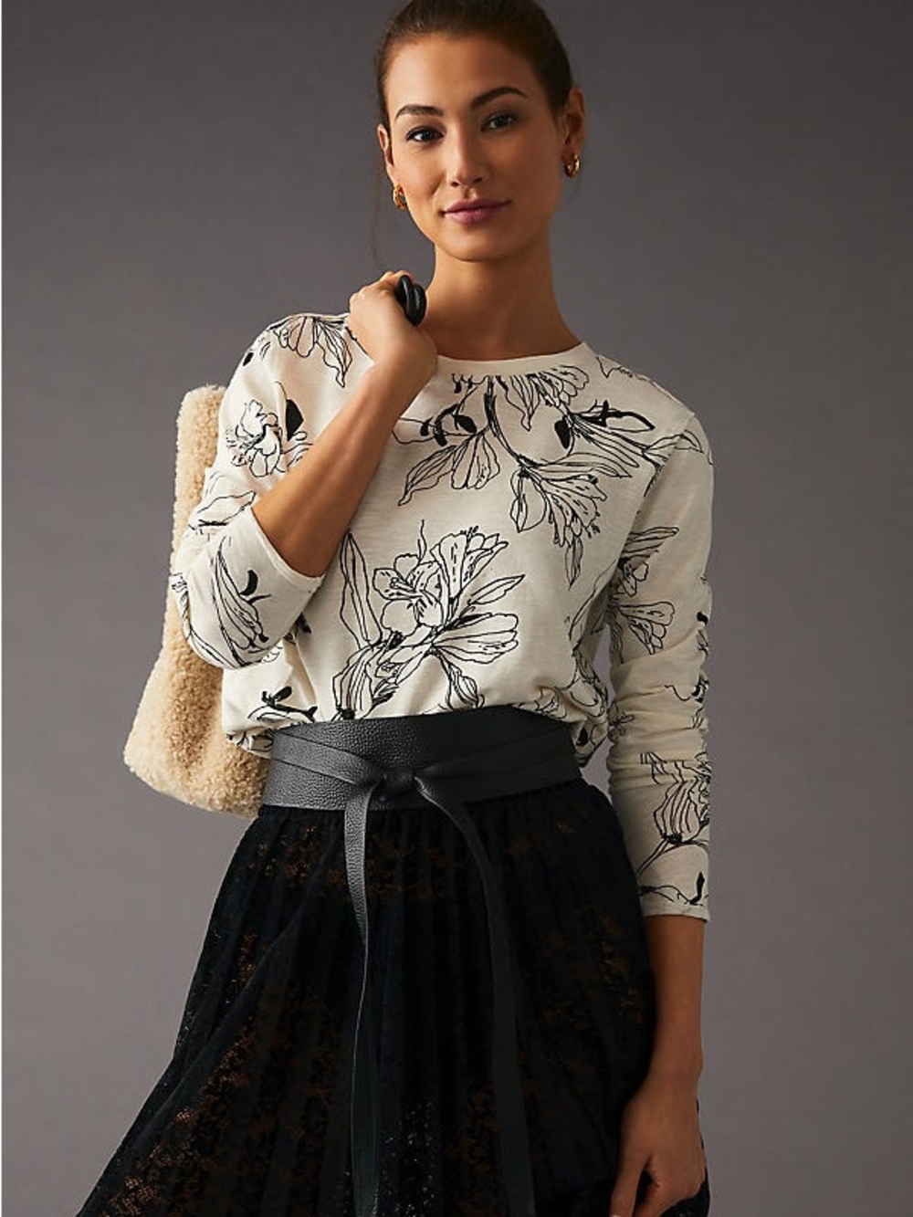 MAEVE Anthropologie The Caitl Boxy Long Sleeve Tee Floral Boho Casual Size S